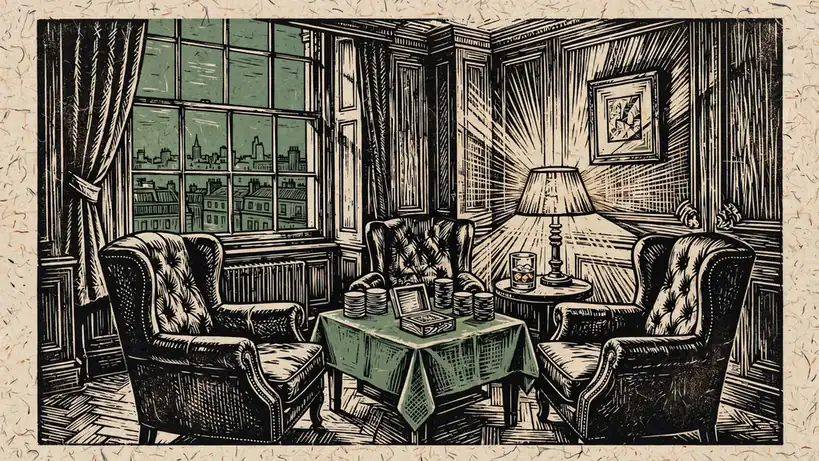 London private club lounge with leather chairs, card table, chips and whisky.