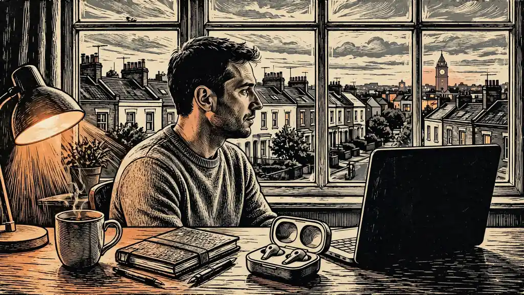 Man at desk with laptop in a London home at dusk, UK skyline through window