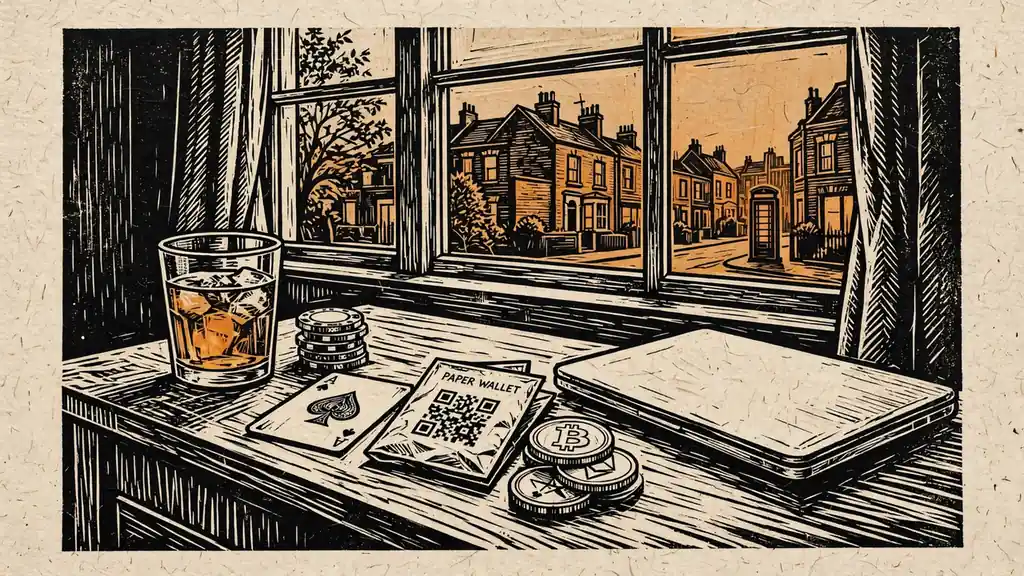 London flat at dusk with crypto coins, paper wallet, chips and a closed laptop on a side table.