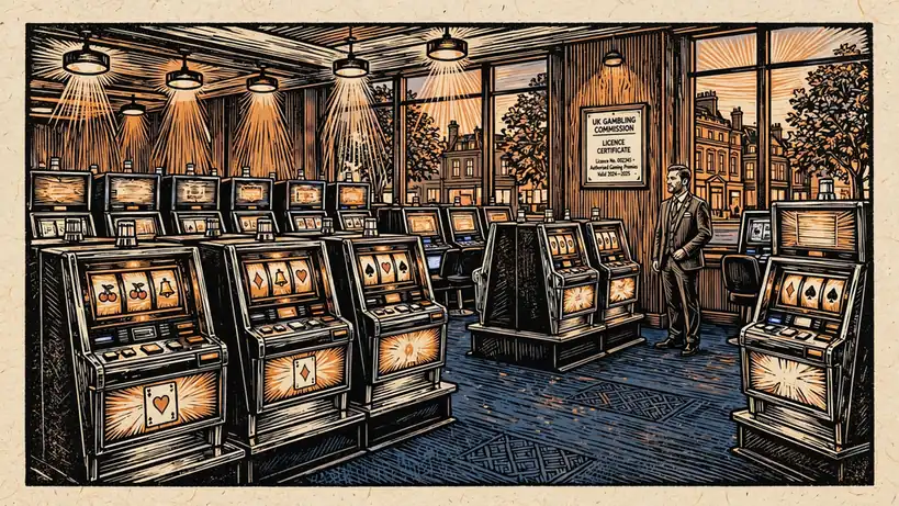 Interior of a modern UK casino with slot machines and a licence certificate on the wall