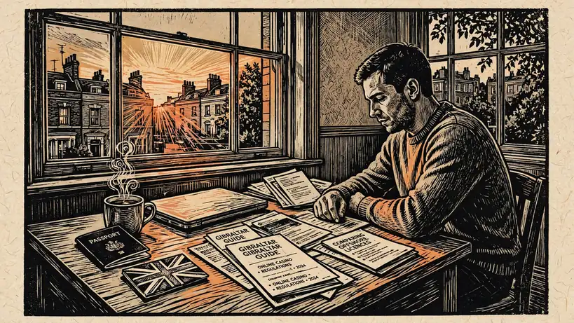 British man at a desk with closed laptop, passport, and tea near a window.