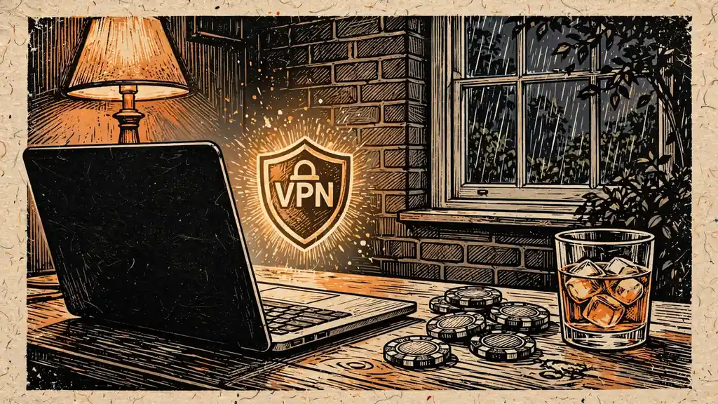 Laptop with VPN shield icon and poker chips on a desk in London flat.