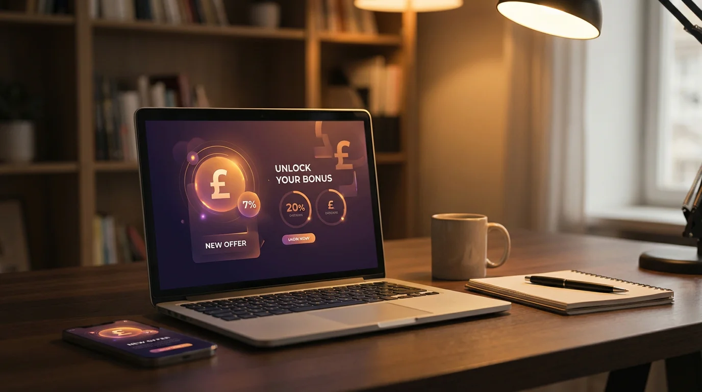 UKGC licensed casino welcome bonus displayed on laptop and mobile screens